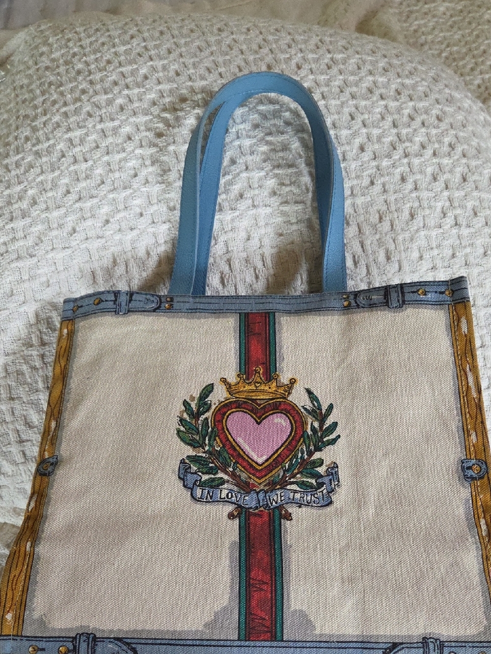 Brighton Canvas Tote with Pink Heart Crest and Light Blue Handles